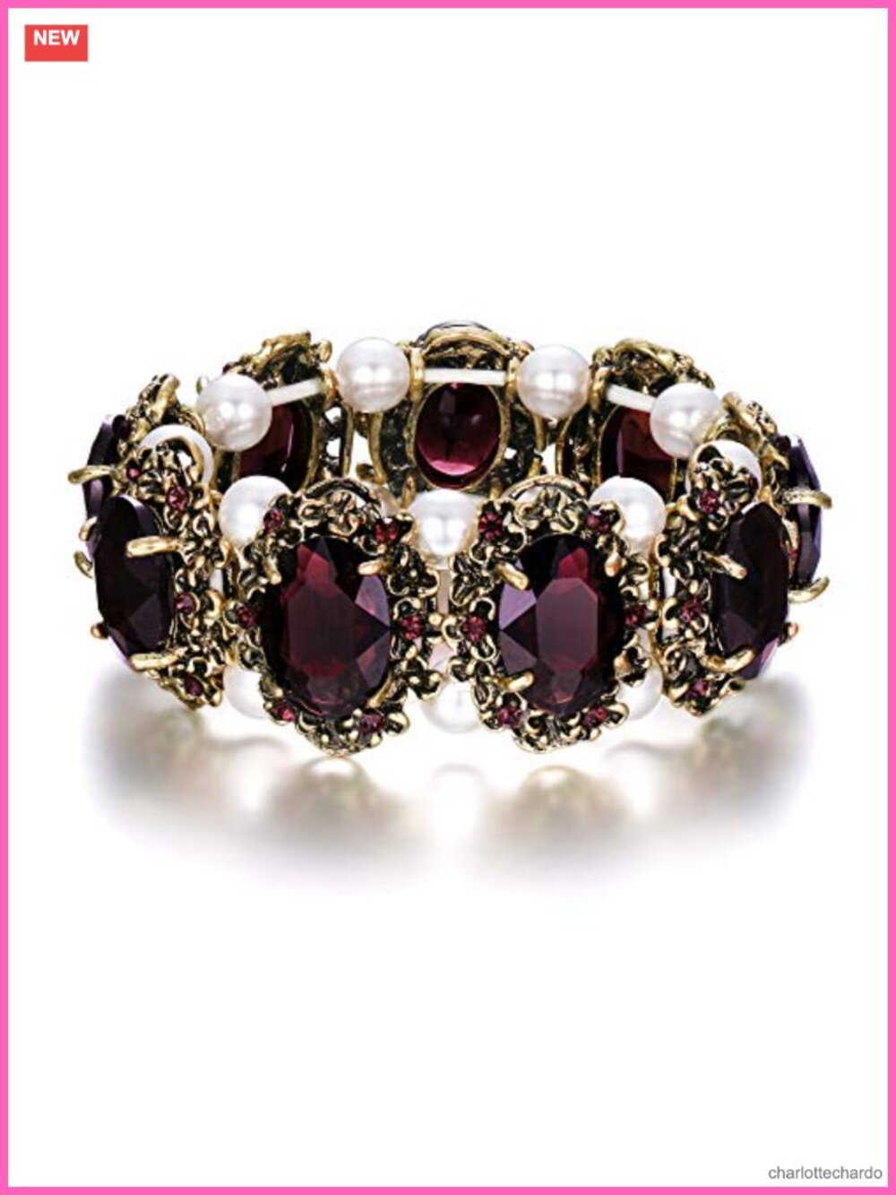 Victorian Oval Crystal Simulated Pearl Stretch Bracelet (80 chars)